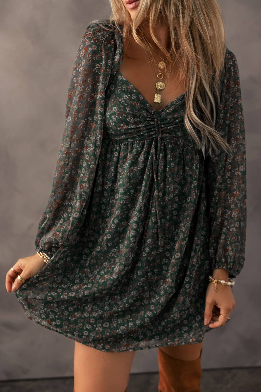 Green Floral Print Mini Dress