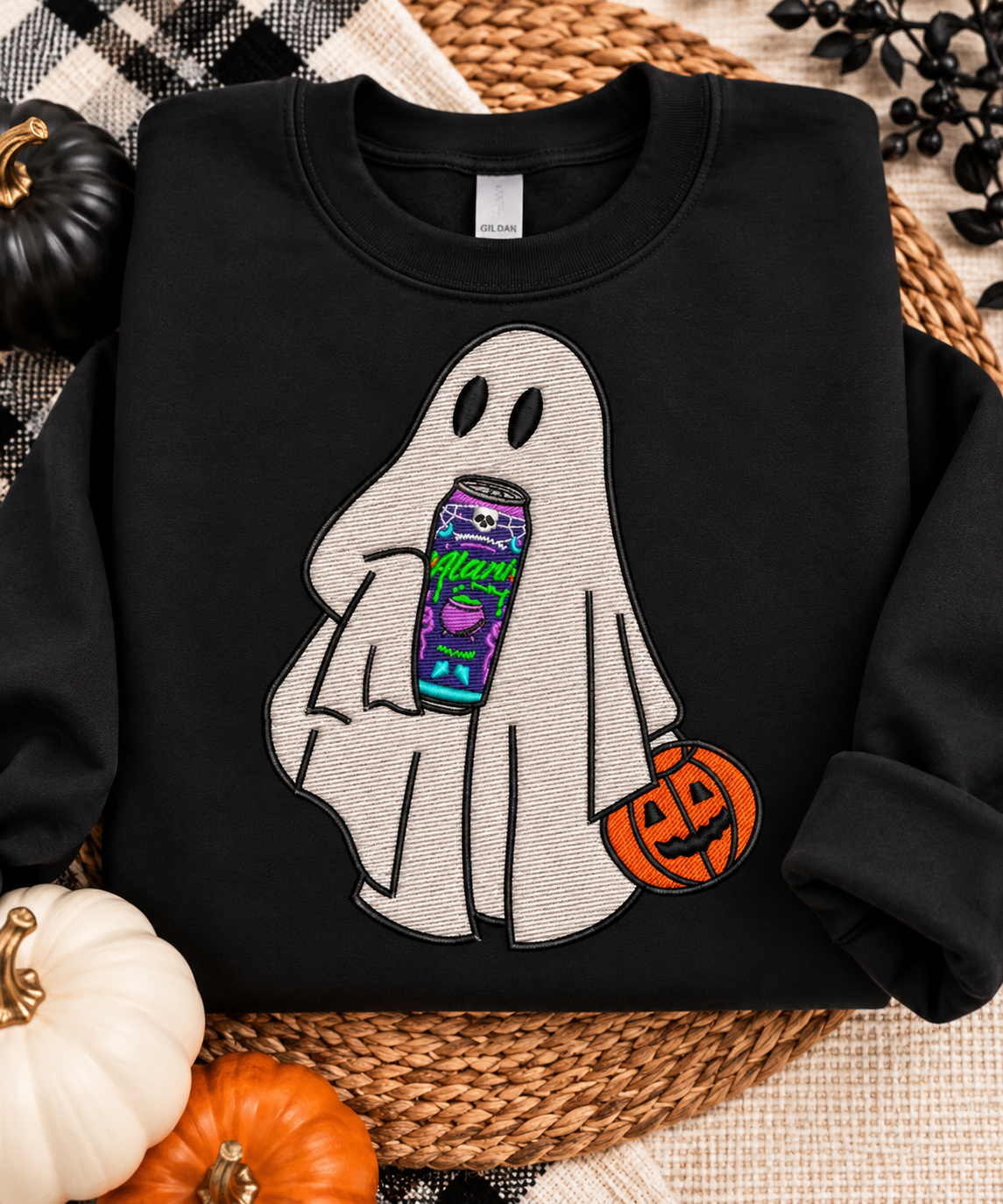 Embroidered Halloween Ghost Sweatshirt | Spooky Ghost & Pumpkin Crewneck | Cute Halloween Sweatshirt