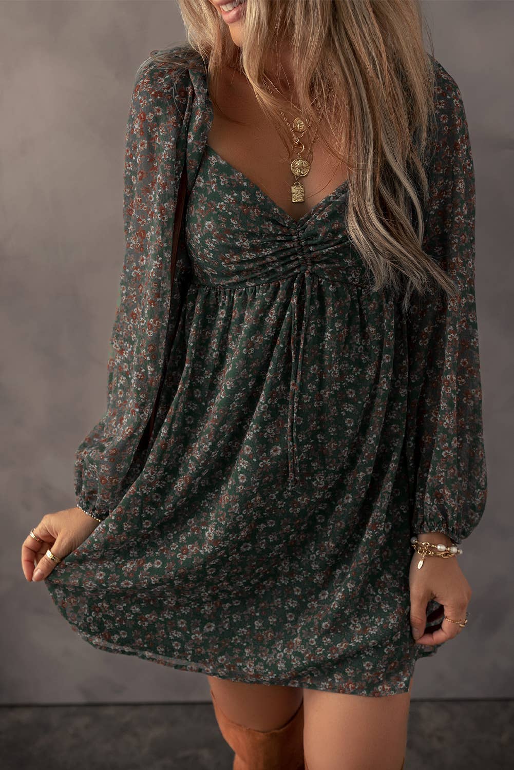 Green Floral Print Mini Dress