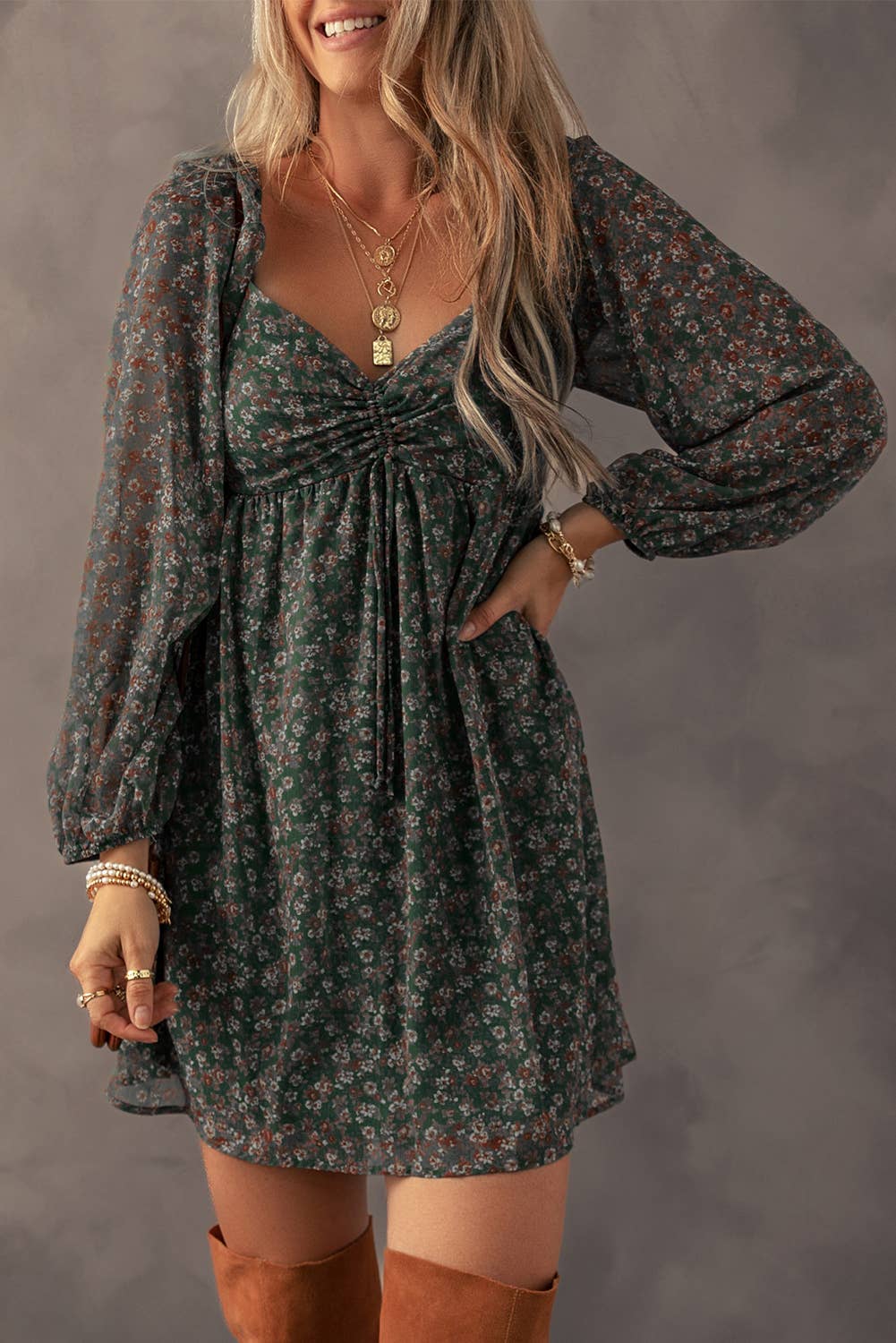Green Floral Print Mini Dress