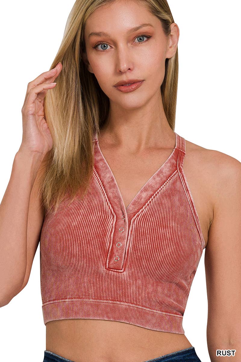 Rust Ribbed Snap Button Crop Tank