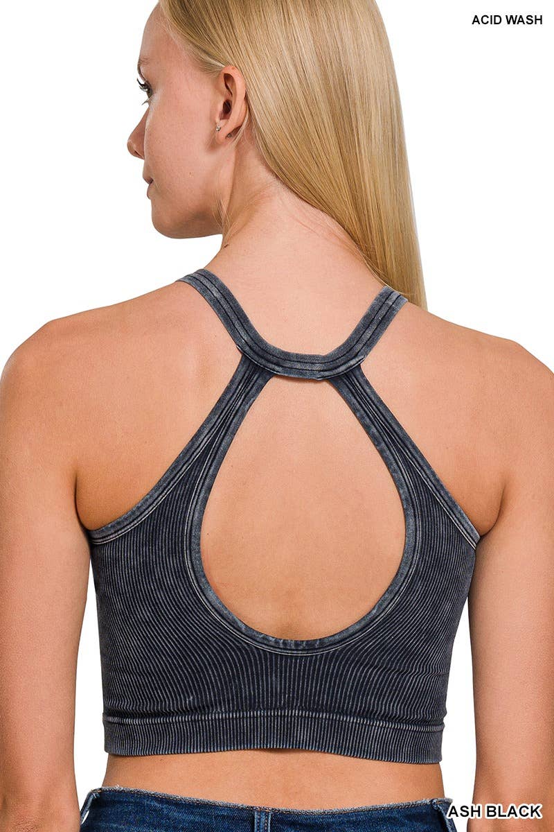 Ash Black Ribbed Snap Button Crop Tank