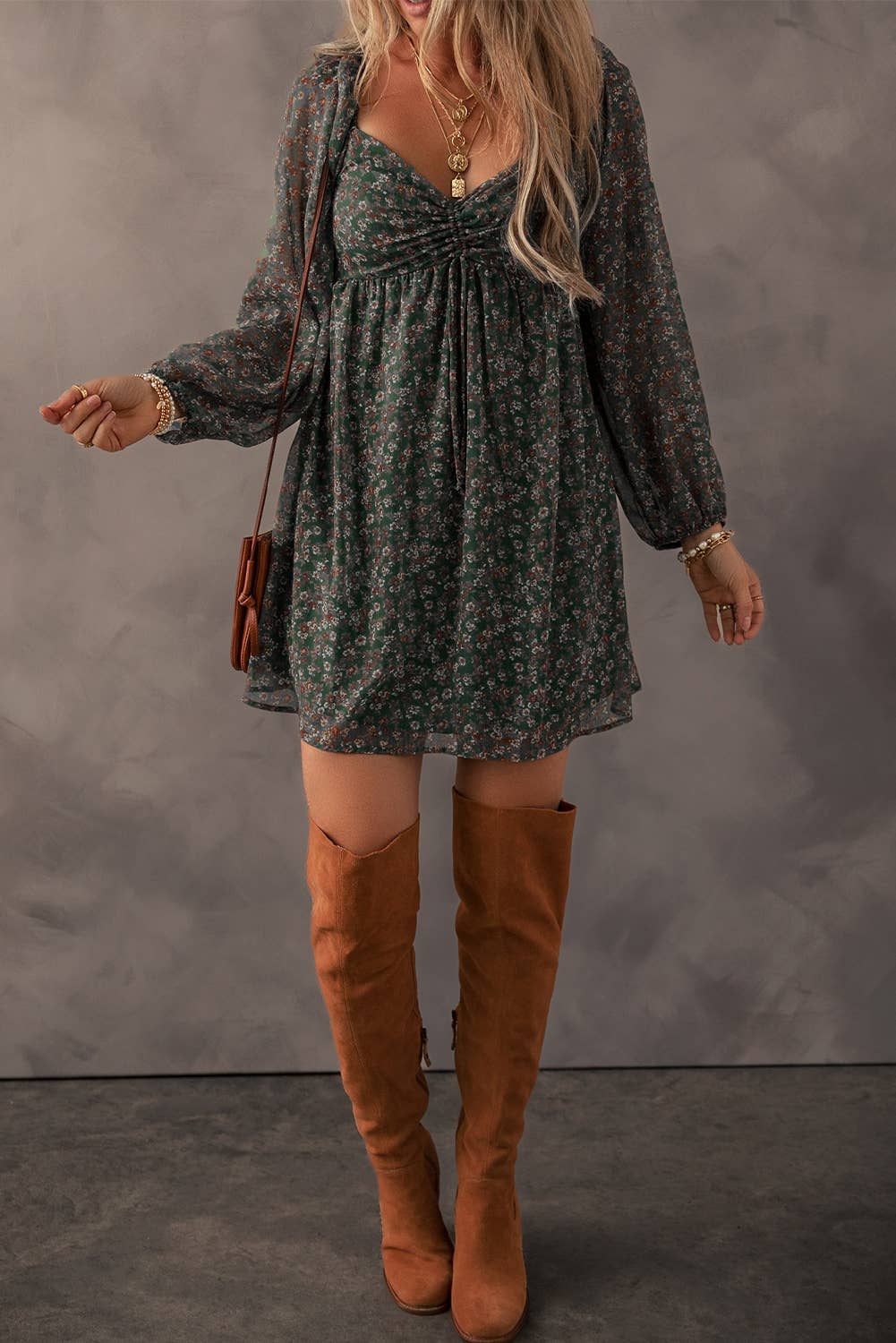 Green Floral Print Mini Dress