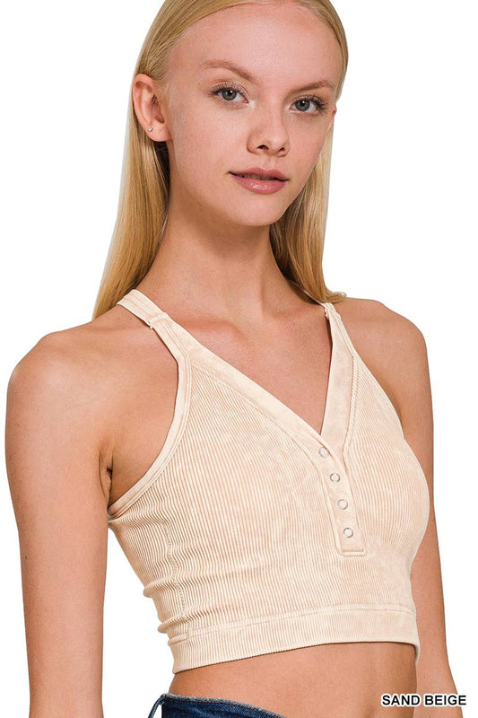 Sand Beige Ribbed Snap Button Crop Tank