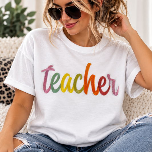 Rainbow Teacher Embroidered T-Shirt | Colorful Teacher Tee | Teacher Gift