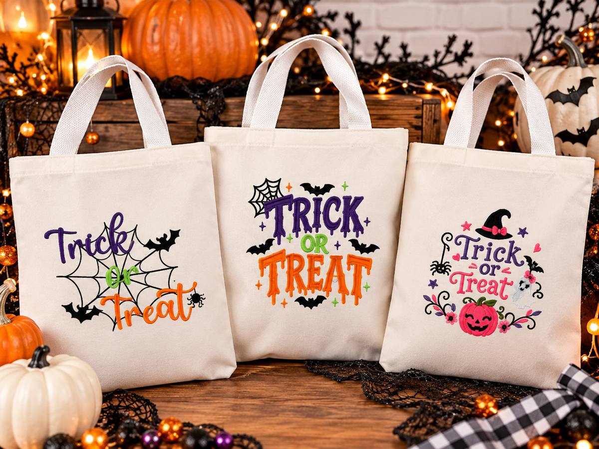 Embroidered Halloween Trick or Treat Tote Bag | Reusable Candy Bag