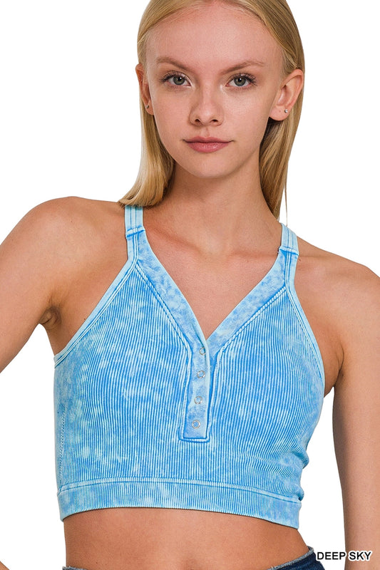 Deep Sky Ribbed Snap Button Crop Tank
