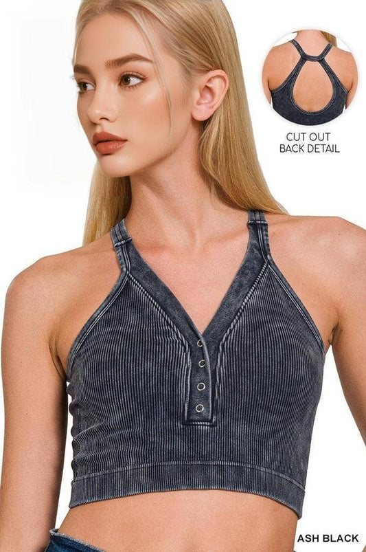 Ash Black Ribbed Snap Button Crop Tank