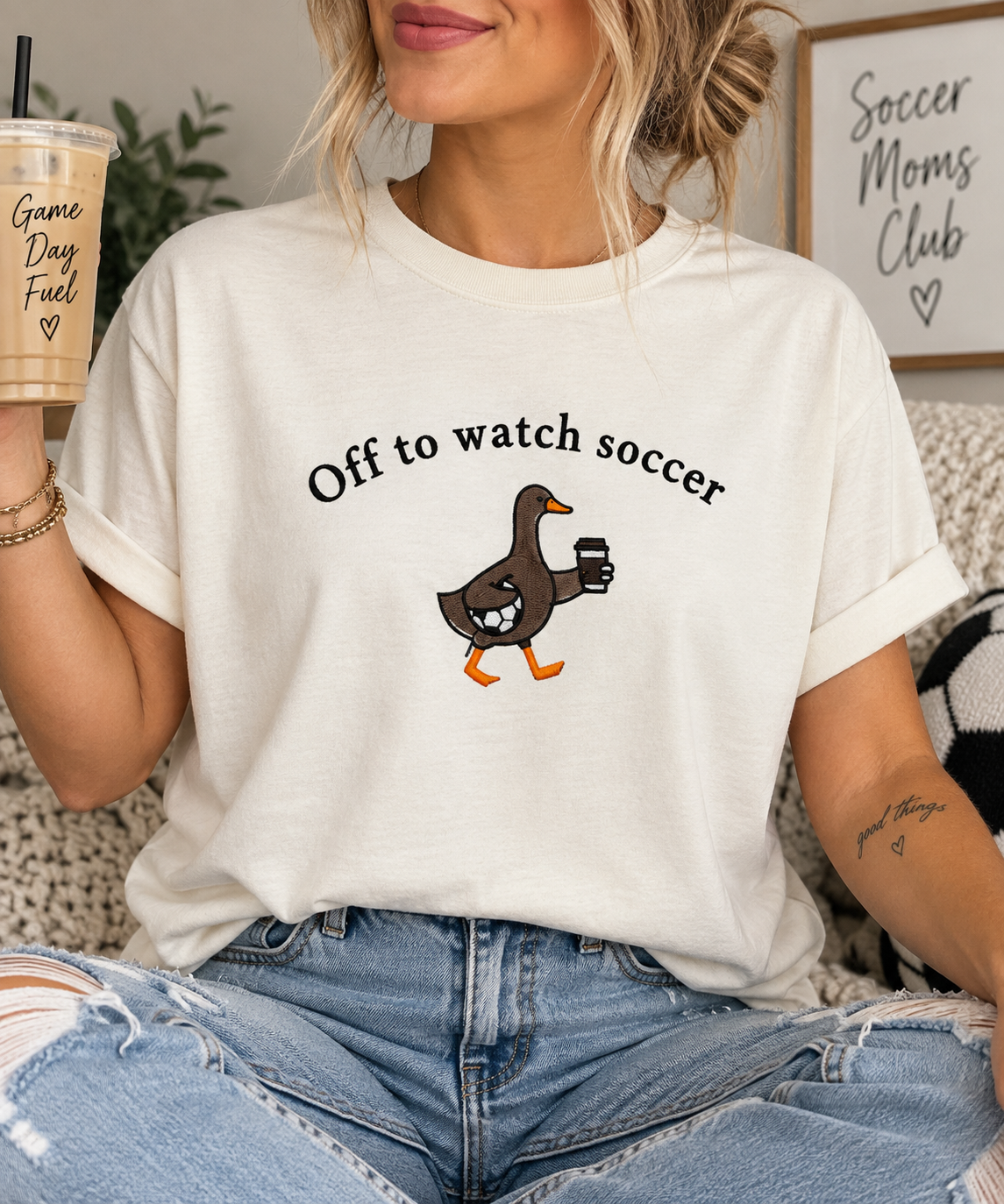 Off to Watch Soccer Goose Embroidered T-Shirt