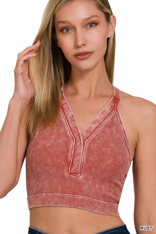 Rust Ribbed Snap Button Crop Tank
