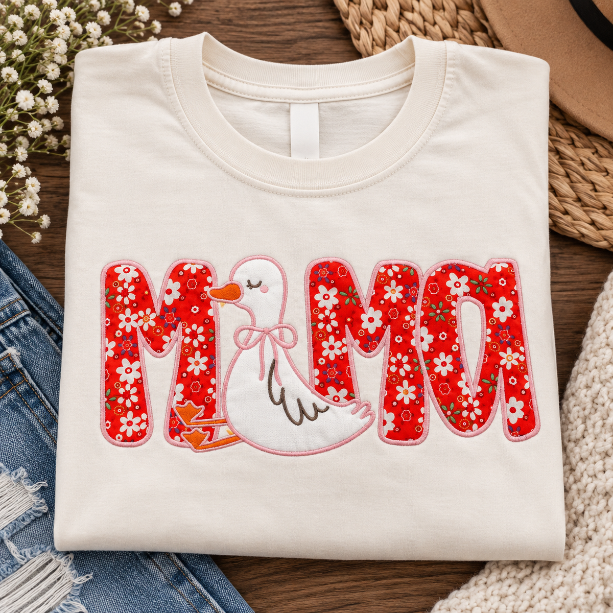 Mama Goose Appliqué Embroidered T-Shirt