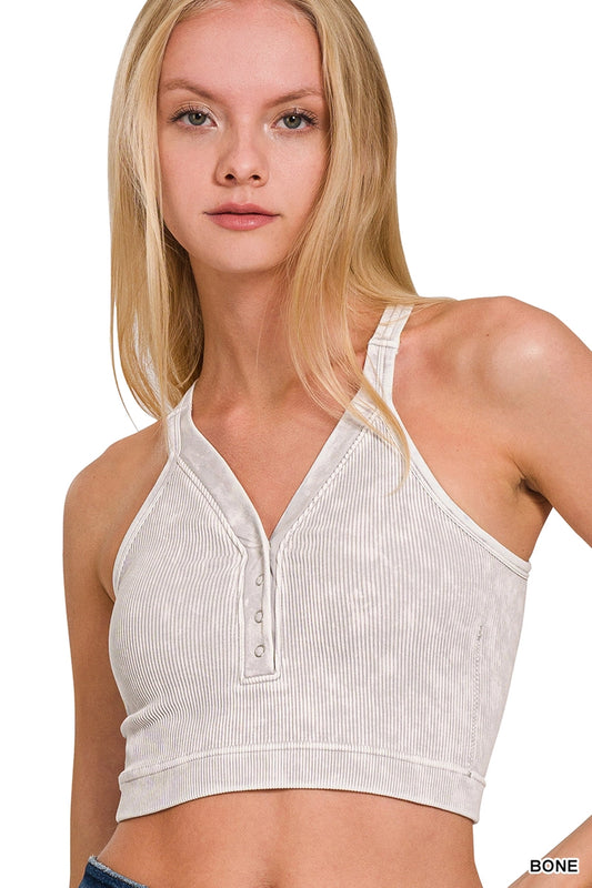 Bone Ribbed Snap Button Crop Tank
