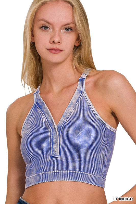Light Indigo Ribbed Snap Button Crop Tank