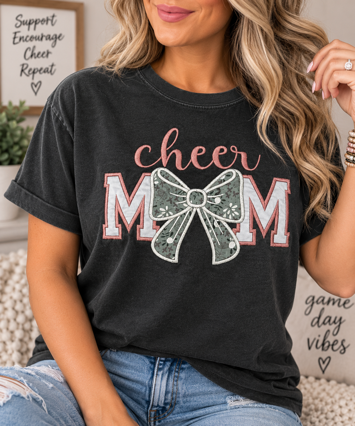 Cheer Mom Appliqué Embroidered T-Shirt