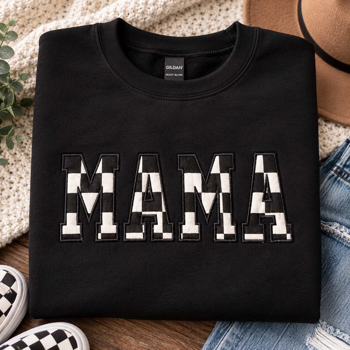 Checkered MAMA Appliqué Embroidered Crewneck